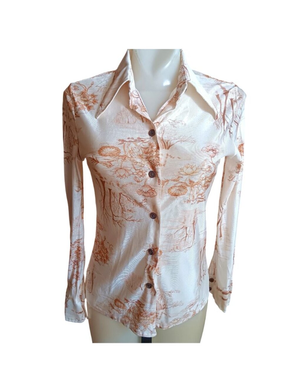 True Vintage Disco Top Medium Floral Print Satin Acetate Blouse Nature Print 70s